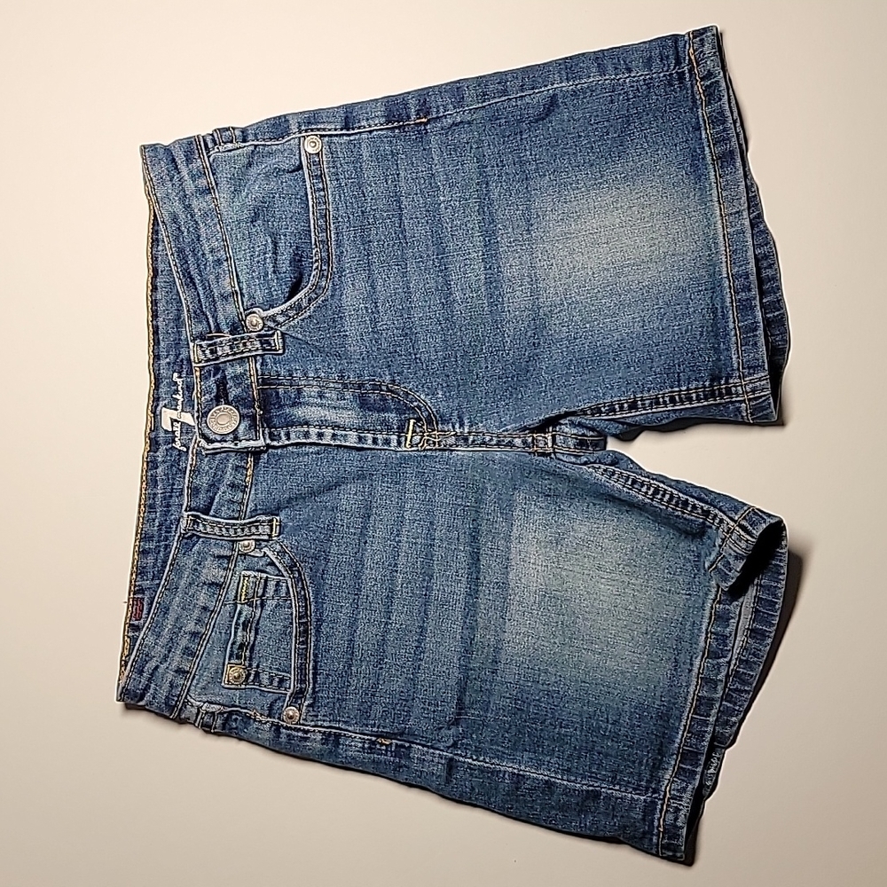 7 For All Mankind Denim Bermuda Shorts Size 12 Stretch Whiskered Jorts